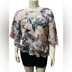 NWT Alex Evenings Size XLP 3/4 Sleeve Printed Chiffon Burnout Blouse Asymmetric